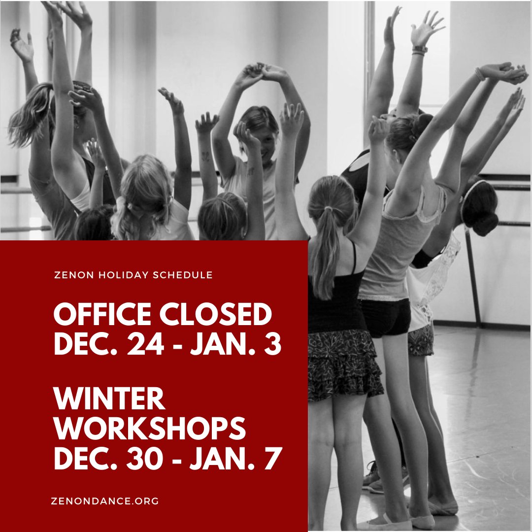 The Zenon Dance School offices will be closed through January 3rd, but we are still dancing over the winter break! 😁 Visit zenondance.org to find Winter Workshops to carry you into the new year! #zenondanceschool #wewillmoveyou

Learn more: zenondance.org/class-schedule/