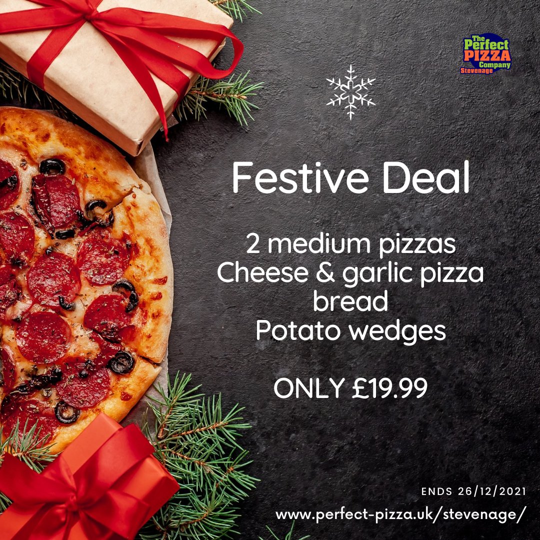 PerfectPizzaStv's tweet photo. Get the Festive deal this Christmas - 2 medium pizzas, Cheese &amp; garlic pizza bread &amp; Potato wedges for ONLY £19.99! 🍕😋🎅🎄
⭐ https://t.co/i30h7CY2Mz ⭐ 
#hertfordshire #stevenage https://t.co/XTV72TeNlr