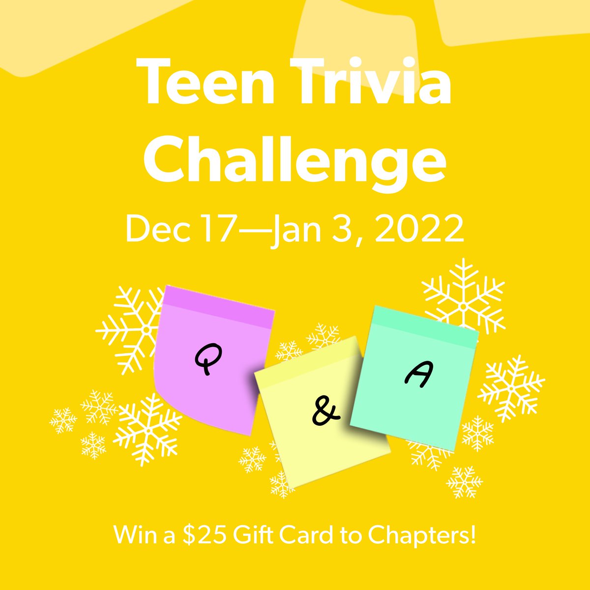 StAlbertLibrary's tweet photo. The Teen Trivia Challenge is on! Enter to win a $25 gift card to Chapters by participating online, at the Downtown Library, or at Jensen Lakes Library. See the Teen Calendar for details: https://t.co/1qMIdQZjbB https://t.co/tZopYgRK3c