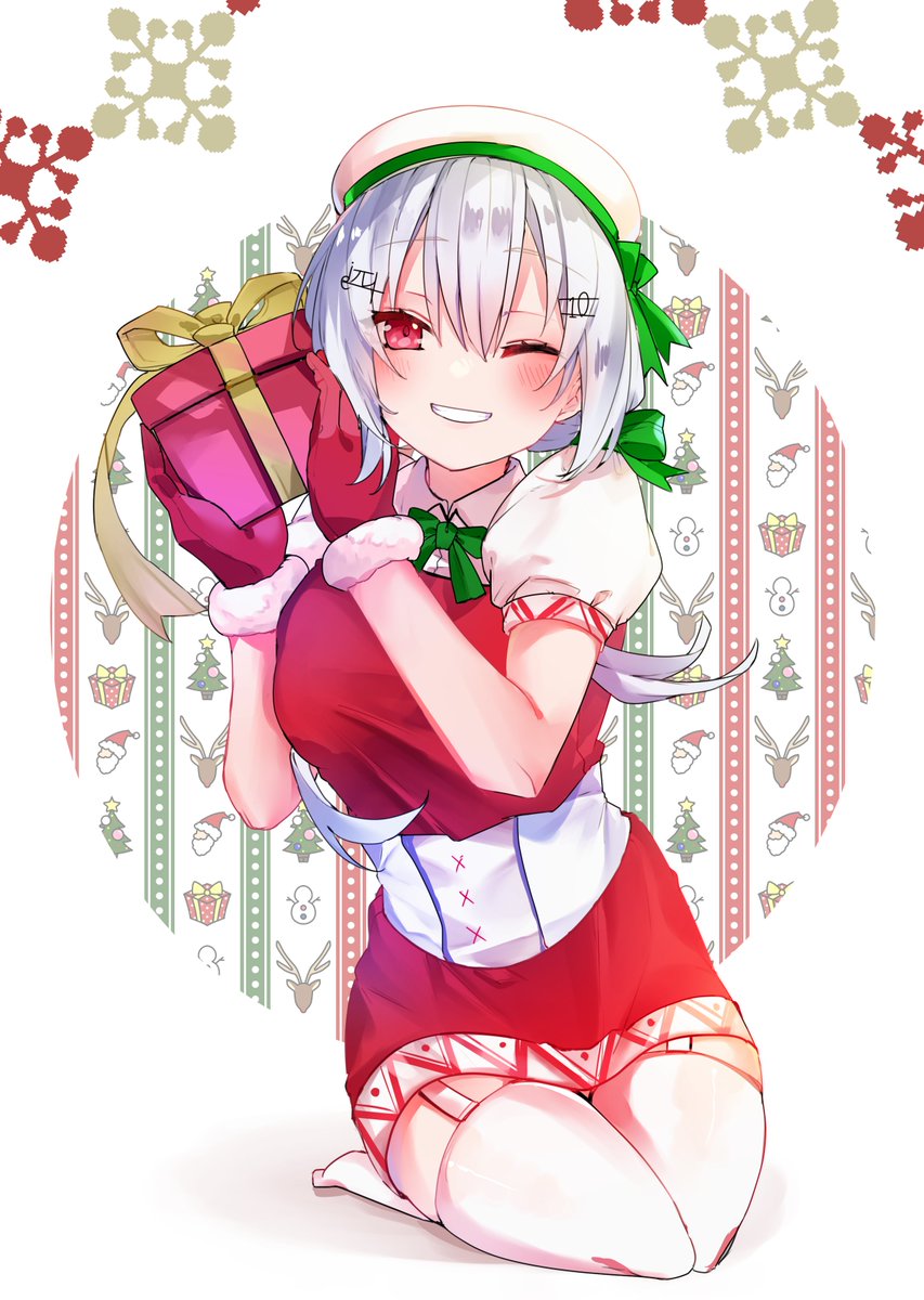 「「はいっ、今年のクリスマスプレゼント!」

メリークリスマス!
サンタコスはPo」|八代明日華（やよいあすか）⚗のイラスト