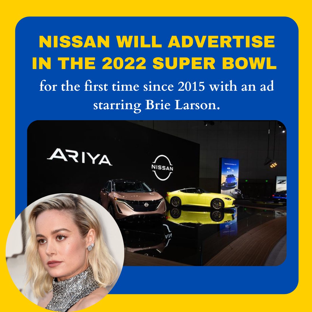 TriSparkMedia's tweet photo. After 7 years of sitting the Super Bowl out, Nissan will use their 2022 Super Bowl commercial to advertise their newest lineup of vehicles. This commercial featuring actress Brie Larson will highlight the Nissan electric crossover and the Nissan model Z sports car. https://t.co/qaSNuoDjqK