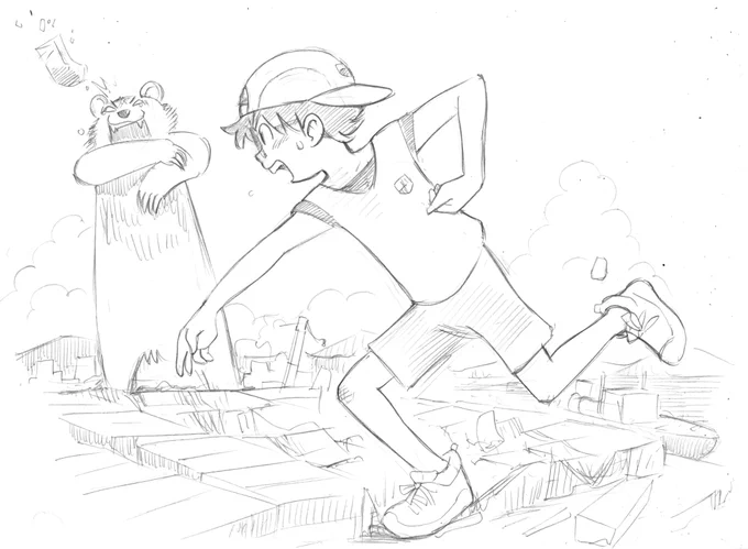 2019年の7月に描いたみたいなんだけど、何のためにどうして描いたのかさっぱり思い出せない、巨大熊と対決するソータ君🙂