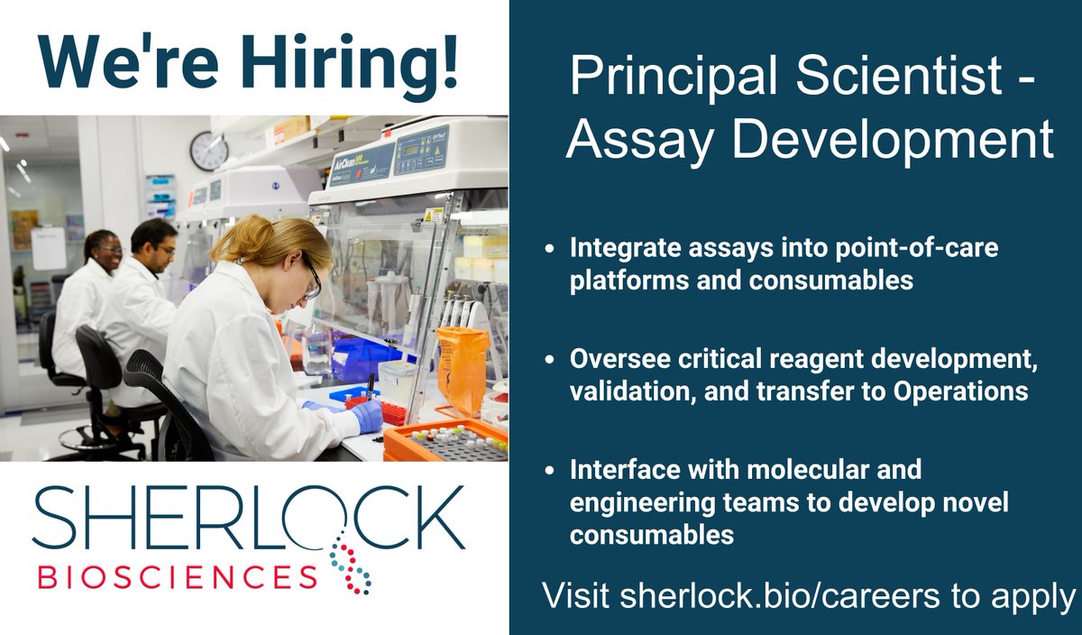We are #hiring a Principal Scientist - Assay Development to work with our molecular and engineering teams to develop next generation diagnostics on our CRISPR and Synthetic Biology technology platforms. 

Join our Team! #CareersinSTEM #AssayDevelopment
sherlock.bio/careers/?p=job…