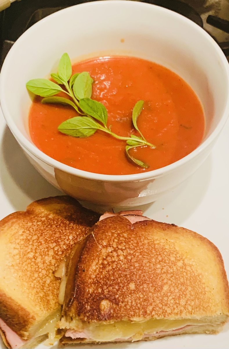 TheJohn_M_'s tweet photo. Homemade tomato soup with grilled ham and cheese.  Yesterday was dreary and this really hit the spot. The fresh thyme, oregano and basil came from the patio herb garden. 😊                #Food #Foodie #ThursdayMotivation https://t.co/sYlrqG6FJM