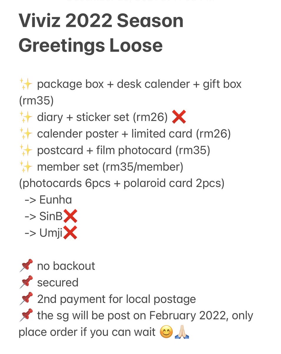 kkimksoo's tweet photo. HELP RT WTS ๐ฒ๐พ MY
Viviz 2022 SEASON GREETING LOOSE
โ
Only need to add local postage later
#pasargfriend #pasargf #pasarviviz #viviz @GFmarket_MY @GfriendMYtrade thank you https://t.co/X69tJLjrqK