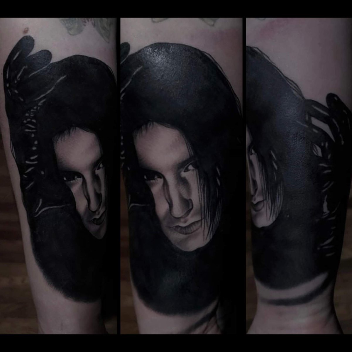 AtomicAsh2's tweet photo. Cody Reed of Black Flame Ritual in Bay City Michigan put the most perfect portrait of @trent_reznor on my forearm. I'm in love 🥰 https://t.co/NQim3nfY4t