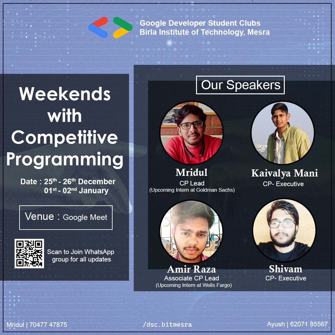 dscbitmesra's tweet photo. Register Now: https://t.co/aKiGwcE3Xm

📍WhatsApp: https://t.co/5M2gYNHCLC
📍Syllabus of BootCamp:  https://t.co/r2MTvuITzn
📍Date:  25th-26th Dec &amp; 1st-2nd Jan.
@googlestudents @googledevs @GoogleDevsIN 
#dscbitmesra
#developerstudentclubsbitmesra
#dscbitm
#GDGatHome
#DSCatHome https://t.co/Q4SmZHQJVn