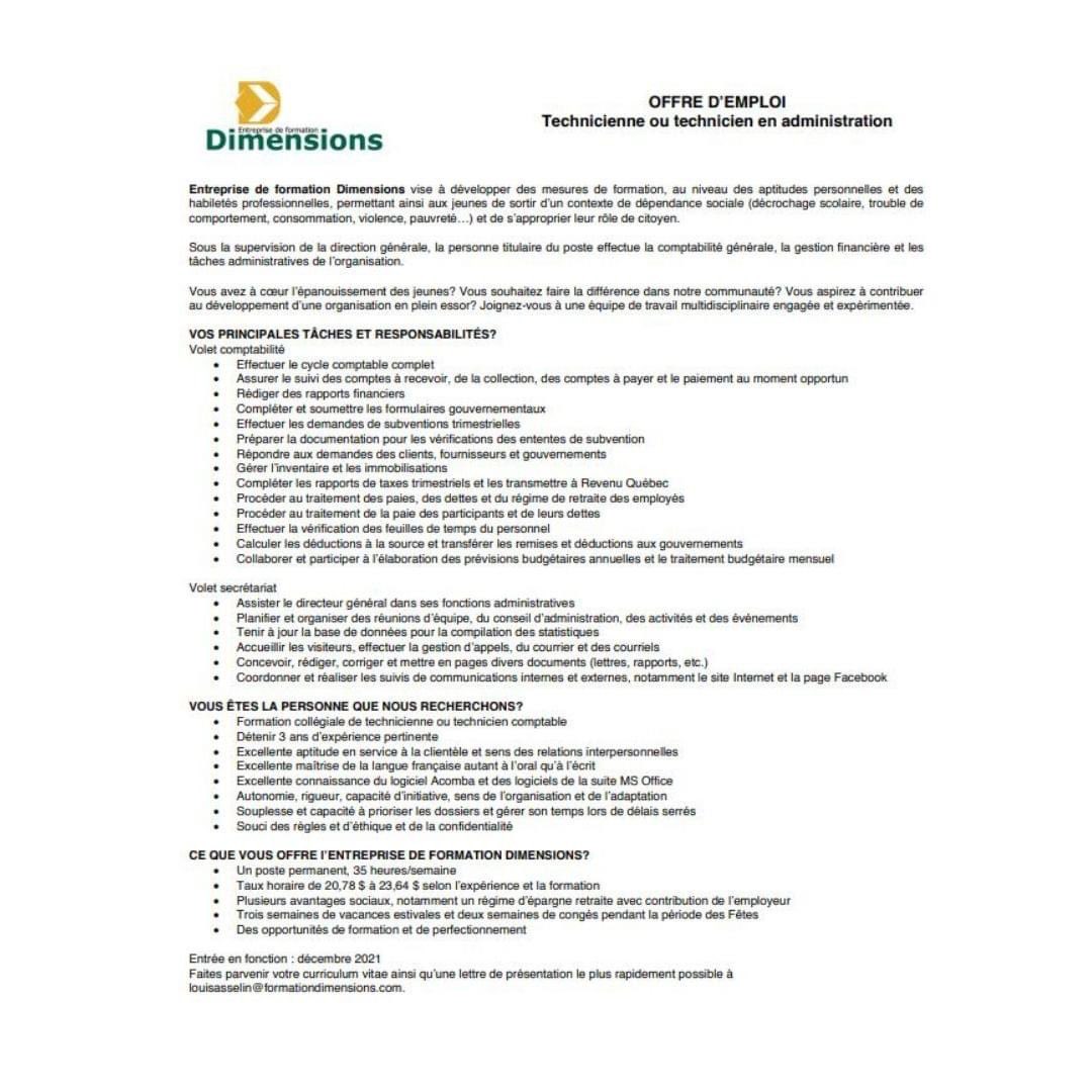 lucsamama's tweet image. Un emploi de technicienne ou technicien en administration disponible chez Entreprise de formation Dimensions. Parce que la période des Fêtes est une belle occasion pour réfléchir à son avenir professionnel ;-))