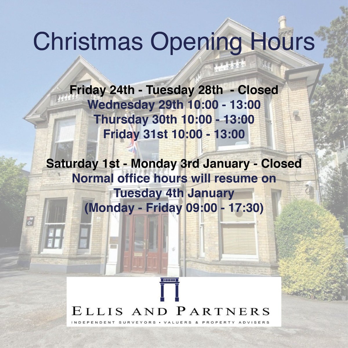 Ellis_Partners's tweet photo. Christmas Opening Hours

We wish you all a very Merry Christmas and a Happy New Year. 🎄🎇🎆

For any emergency maintenance issues, please contact us at: bhresi@ellis-partners.co.uk

📞: 01202 551821

📧: bhcommercial@ellis-partners.co.uk 

💻: https://t.co/rRX0gaqBqL https://t.co/kfnBndG3ob