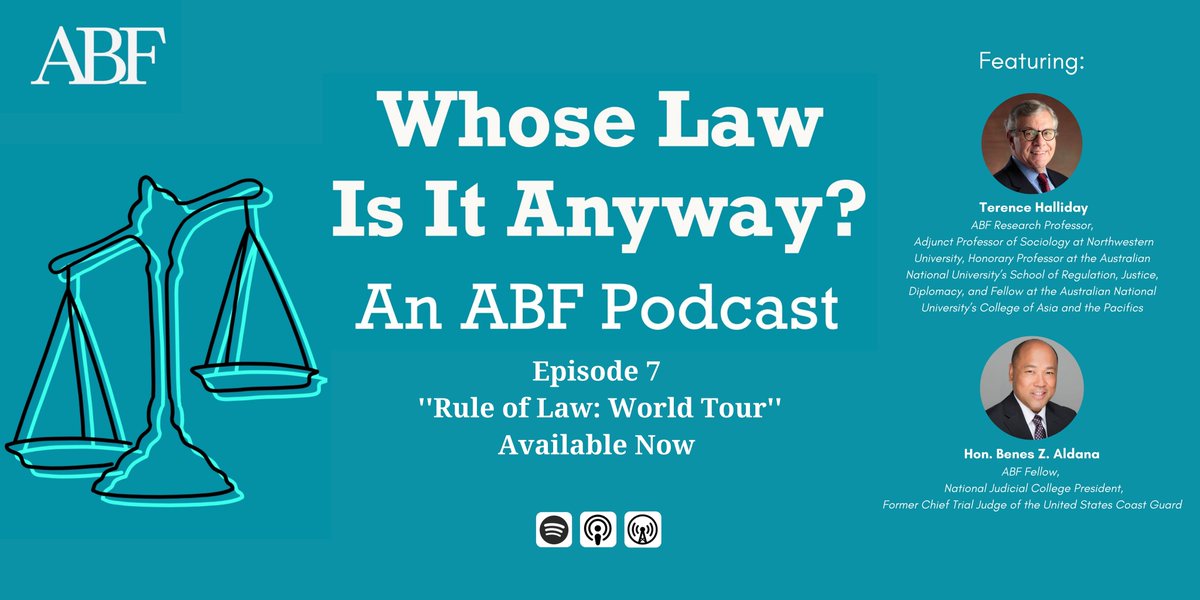 ABFResearch's tweet image. On the NEW episode of Whose Law is it Anyway? we speak with ABF Research Professor Terry Halliday 
(@HallidayTerry) and National Judicial College President Judge Benes Aldana @benes_aldana about the relationship between rule of law and the public!

LISTEN:
anchor.fm/whoselawisitan…