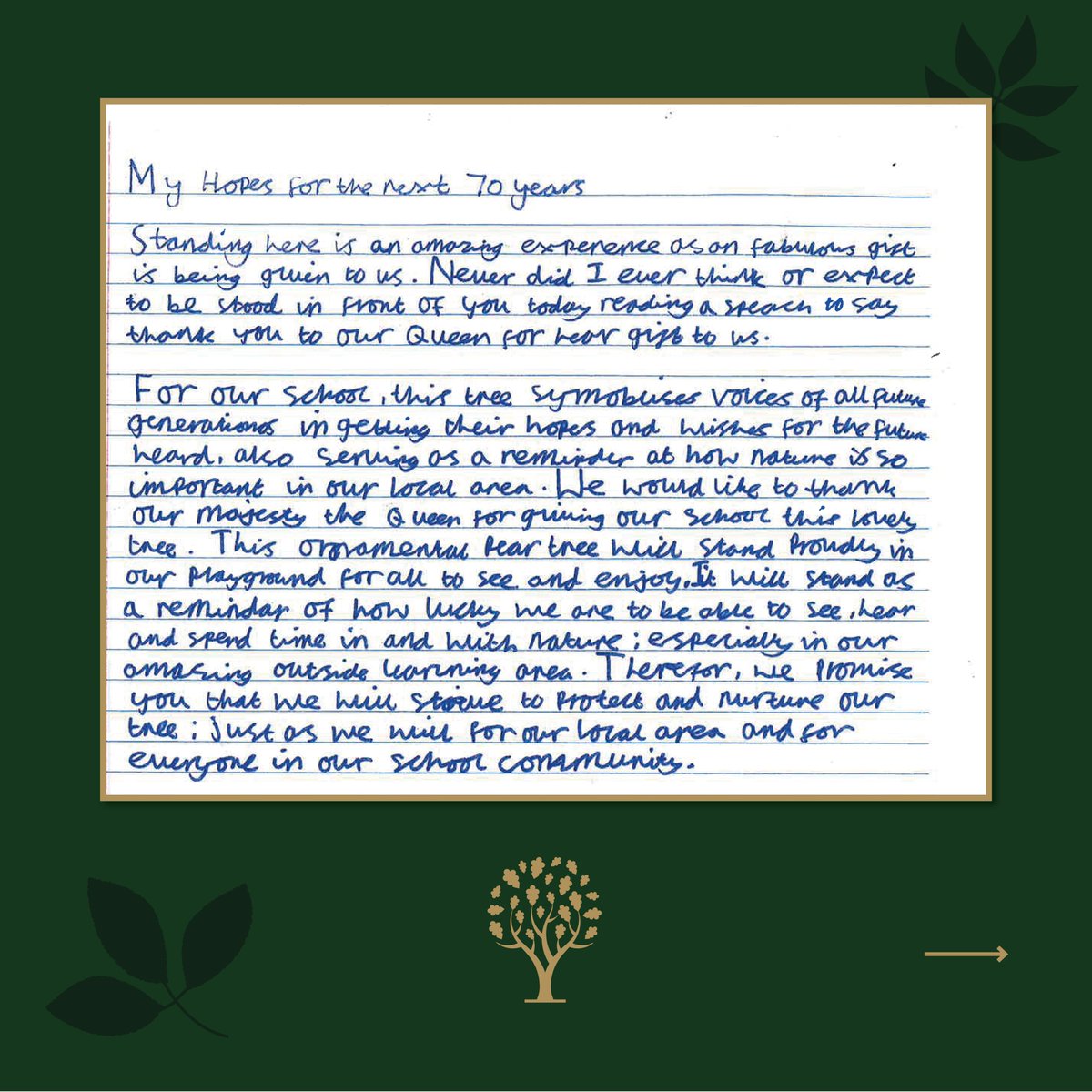 QGCanopy's tweet image. “Hopefully this tree, our #tree, will be a driver of change and carry on being a symbol of hope for children of our generation”
 
10-year-old Olivia from @CollegeRoadSch in #Plymouth wrote this speech on her hopes for the next 70 years during their #QGCCelebrationTree ceremony🌳