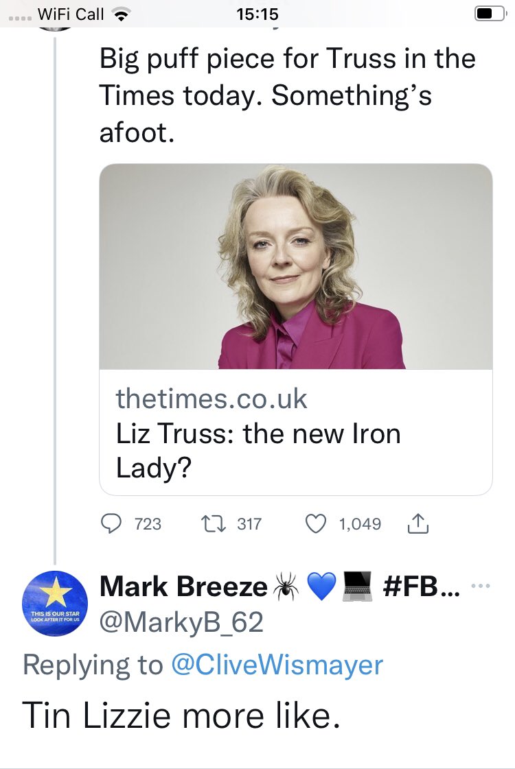 KatesfWriter's tweet photo. Well @MarkyB_62 coined a rather appropriate name for Ms Truss - she’s no Iron Lady. Meet #TinLizzy 😂
BTW the article in the Times appears to me to damn her with faint praise. https://t.co/66POx1DUeB