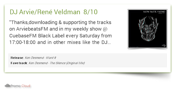 DJ Arvie/René Veldman supports: <a href="/KenDesmend/">Ken Desmend</a> - The Silence (Original Mix) 8/10 #newrelease pcl.la/U6VHIP  <a href="/beatport/">Beatport</a>