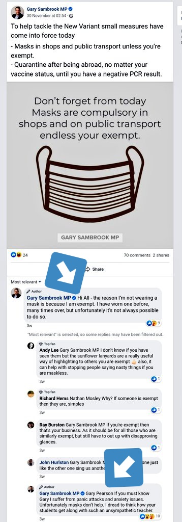 TitansOfDOOM's tweet photo. @UoBSchool @GarySambrook89 @10DowningStreet @unibirmingham Errrr, Mr @GarySambrook89 , we're confused.....

When called out for not wearing a mask in the Commons during PMQ's you addresed the critics on Facebook stating that you can't wear a mask due to anxiety. 

Fair enough, but you're wearing one in this pic. Make your mind up https://t.co/FqZ9ZX67vx