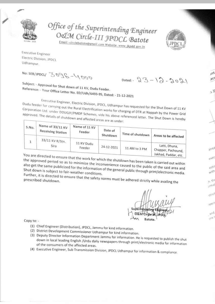Power Shutdown Schedule <a href="/JPDCLofficial/">Jammu Power DISCOM</a> <a href="/drtahirfirdous/">Dr. Tahir Firdous</a> <a href="/ChiefJammu/">Chief Engineer Distribution, JPDCL Jammu</a> <a href="/udhadm/">DC Udhampur</a>