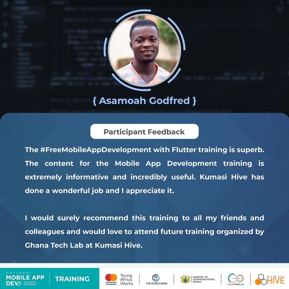 KumasiHive's tweet photo. Trainees from our #FreeMobileAppDevelopment with Flutter Training shares with us their feedback.
#HiveTraining #HiveImpact #HiveTribe #Ghana #PaSE #Backend #MobileAppTraining #Flutter #FeedBack #developer https://t.co/ovag9QpmSu