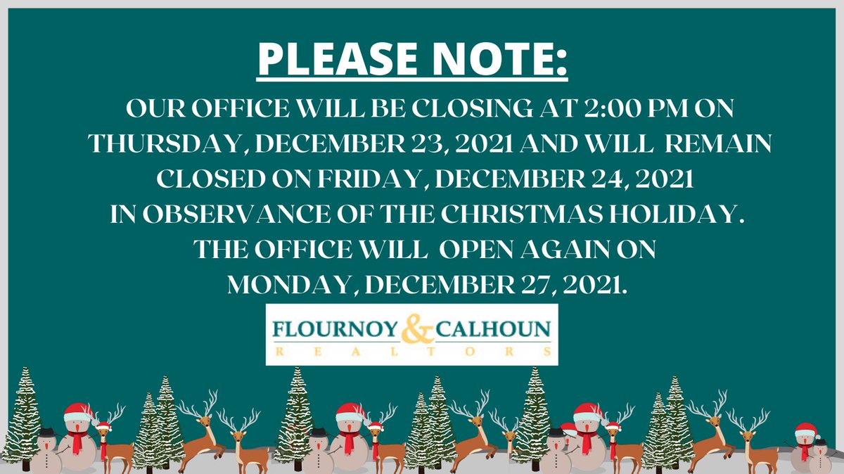FC_Realtors's tweet photo. Please note our #Christmas #holiday #officehours .
#FlournoyandCalhounRealtors #ColumbusGA #realestate #commercial #residential #propertymanagement #sales #buy #sell #ColumbusGARealEstate #GeorgiaRealEstate #AlabamaRealEstate #HappyHolidays
https://t.co/0my47bSCDa https://t.co/q2F9ZQxOeL