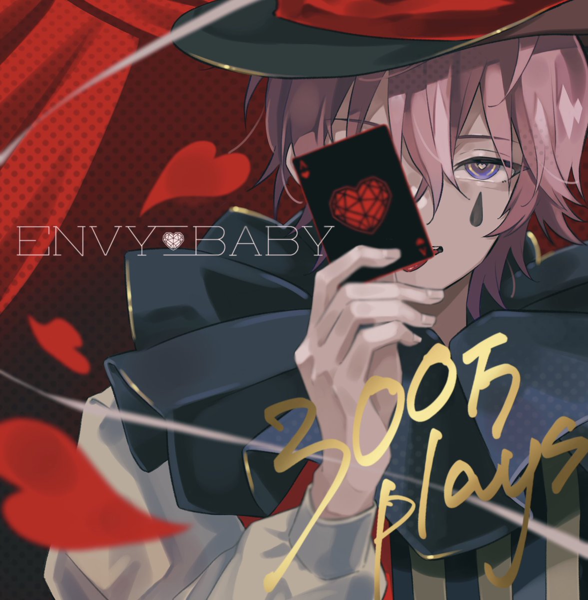 1boy male focus holding card card solo hat heart  illustration images