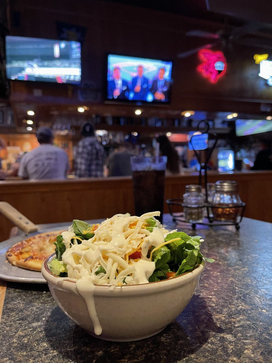 MulligansW's tweet photo. Eating a lot of rich food this weekend. Come grab one of our crisp, fresh salads! (Please ignore the sugary Coke and pizza hiding behind the salad.) https://t.co/xzXFQpHrOP