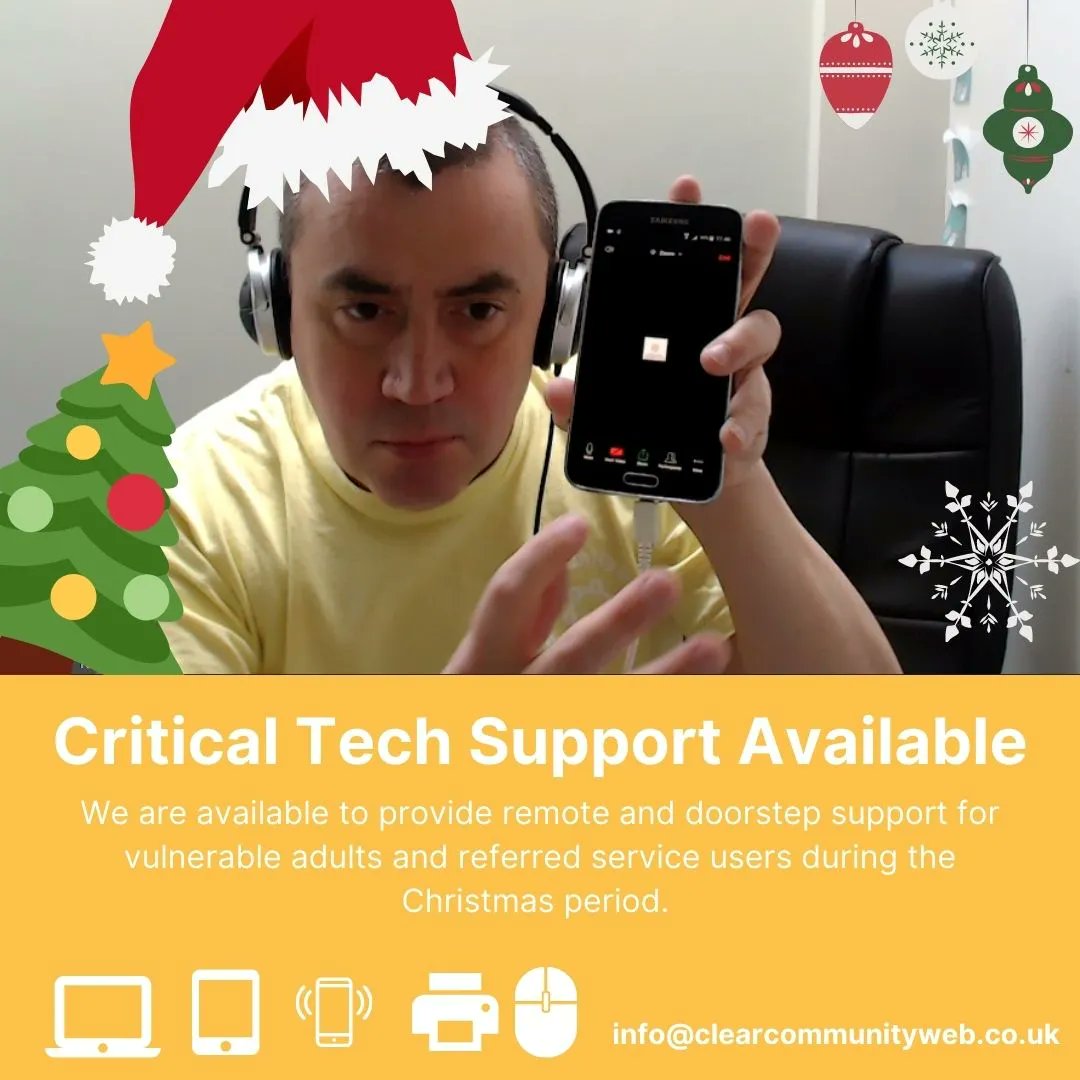 ClearCommunity's tweet photo. Available over the Christmas period to provide critical digital support to vulnerable adults, carers & referred service users.
#techsupport #communitytechsupport #virtualsupport #mutualaid #covid19 #covidsupport #digitalskills #southwark #lambeth #croydon #bromley #vcs https://t.co/W8pShtHHuA