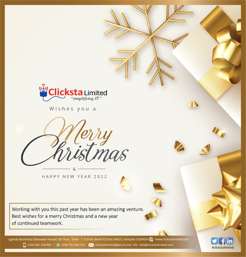 muzungupaul's tweet photo. It is that time of the year again when we get together with our loved ones to make Merry. May ur celebrations be full of peace, lots of joy, love, laughter & fond memories. Thank U for choosing #ClickstaLimited. We look forward 2 serving U better. Merry Christmas & Happy New Year https://t.co/QUiNQ5mJnS