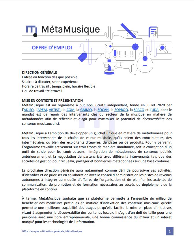 meta_musique's tweet photo. EMPLOI 
Tu es passionné de musique et tu as des compétences marquées pour la gestion des ressources financières, humaines, matérielles et technologiques ? 
@meta_musique souhaite te rencontrer. https://t.co/yzl7tIf00k