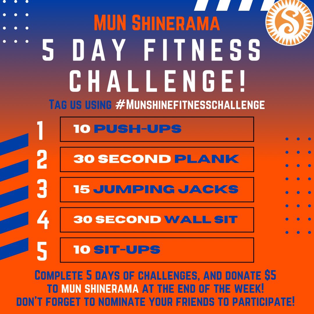ShineramaMUN's tweet photo. Have you heard about our MUN Shine Fitness Challenge! Complete five days of  challenges, and at the end donate $5 to MUN Shinerama using our online donation link below! Don’t forget to tag us in your posts using the #Munshinefitnesschallenge !

https://t.co/ozcboLEfYu https://t.co/BLMQJ5hkud