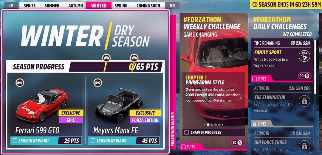 ForzaHorizon5UK's tweet photo. FH5 S2 Dry Season

Overall
5 cars to be won

Forzathon Events
Weekly &amp; 7 Dailies

Seasonal Events
3 Championships
Horizon Tour/Arcade
Trial, PGG, 3 PRs

Challenges
Photo #SnowGiant
Horizon Open
Eliminator
Collectables

S2 Rewards
Gingerbread Outfit (120)
Lambo Aventador SVJ (200) https://t.co/jQOzdP7kFU