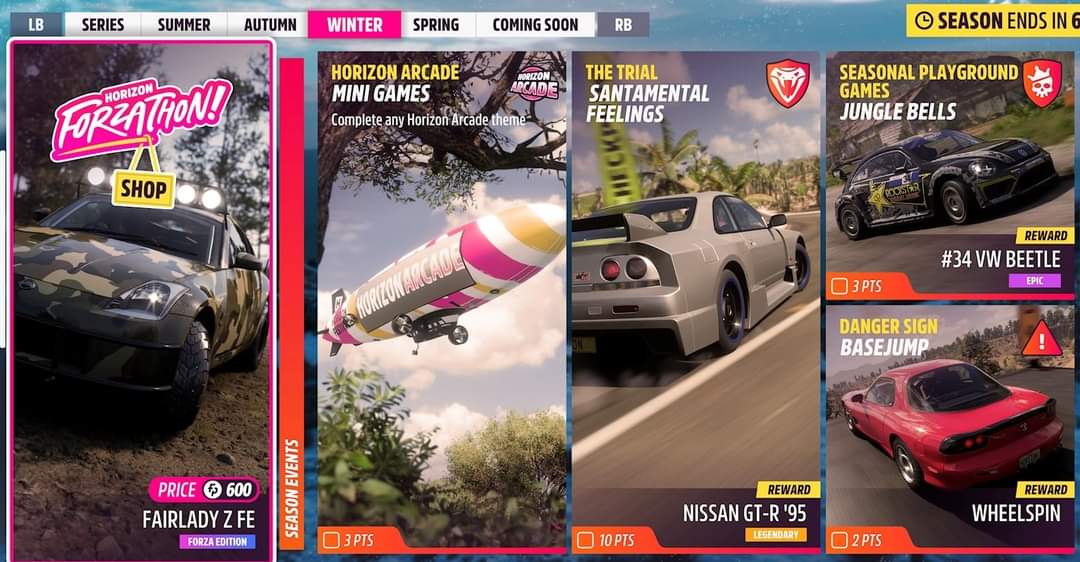 ForzaHorizon5UK's tweet photo. FH5 S2 Dry Season

Overall
5 cars to be won

Forzathon Events
Weekly &amp; 7 Dailies

Seasonal Events
3 Championships
Horizon Tour/Arcade
Trial, PGG, 3 PRs

Challenges
Photo #SnowGiant
Horizon Open
Eliminator
Collectables

S2 Rewards
Gingerbread Outfit (120)
Lambo Aventador SVJ (200) https://t.co/jQOzdP7kFU
