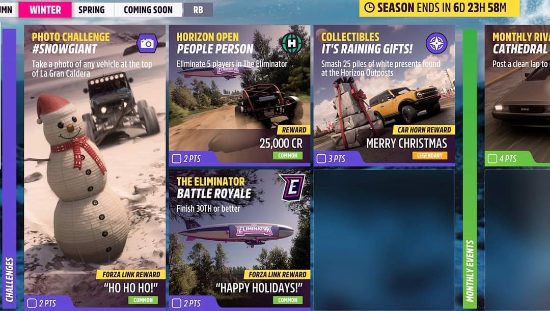 ForzaHorizon5UK's tweet photo. FH5 S2 Dry Season

Overall
5 cars to be won

Forzathon Events
Weekly &amp; 7 Dailies

Seasonal Events
3 Championships
Horizon Tour/Arcade
Trial, PGG, 3 PRs

Challenges
Photo #SnowGiant
Horizon Open
Eliminator
Collectables

S2 Rewards
Gingerbread Outfit (120)
Lambo Aventador SVJ (200) https://t.co/jQOzdP7kFU