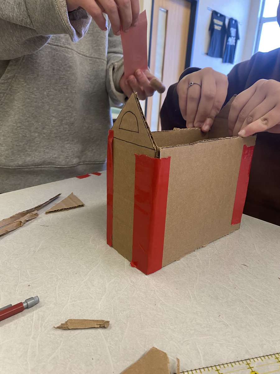 GingrichPeter's tweet photo. Beginning stages of our College Math Project. Constructing custom gingerbread house blueprints in geogebra and testing our designs with cardboard prototypes. #basdproud #mathed (1/2) https://t.co/J2YLcVM6Ml