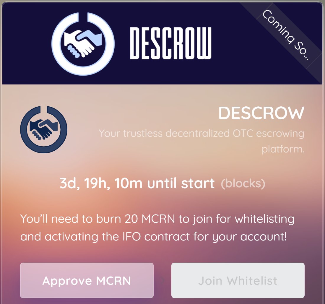 Here we go! 🔥🔥🔥

<a href="/descrowio/">Descrow.io</a> #IFO whitelisting has been started!

🔗 macaronswap.finance/ifo

#MacaronSwap #YieldFarming #DeFi #BSC #BUIDL