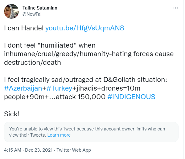 NowTal's tweet photo. It happens over & over & over again!
#Azerbaijan #Turkey strategy: spread outrageous lies; when confronted, block!
This is how they maintain their #colonialsystem on @Twitter too: by lying, silencing
@natansellhomes tweets "U can't Handel" war loss, "humiliated," hence this ⬇ https://t.co/oq5dRpekO6