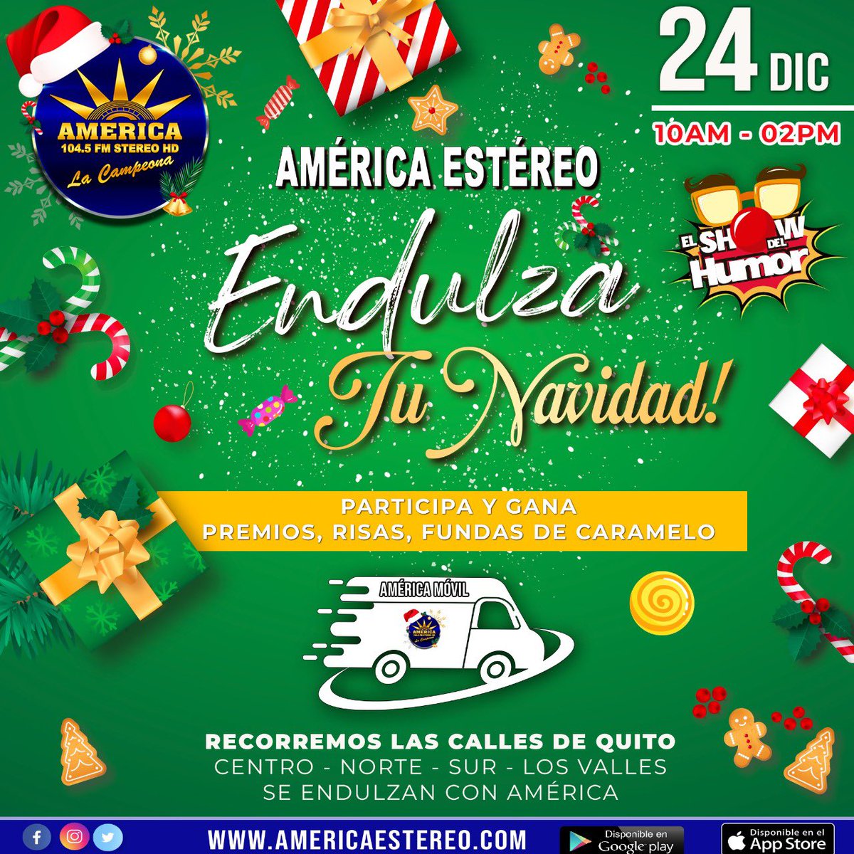 radioamericaof_'s tweet photo. América endulza 🍭🍬 tu navidad 🎄 este viernes 24 de diciembre durante el #ShowDelHumor estaremos recorriendo las calles de Quito en la van 🚐 de la campeona 🥰 Cuentas un chiste y te ganas funda de caramelos 🍭 y más obsequios 🎁
•
🕑 10H00 a 14H00
sintoniza 104.5FM https://t.co/vxURyEvyyI