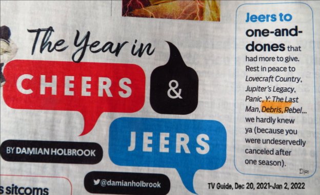 wraithfodder's tweet image. Thank you, @TVGuide @damianholbrook for recognizing TV shows that were undeservedly cancelled, like NBC's #Debris with @jonathanmtucker #RiannSteele #NorbertLeoButz @JenniferCopping @andreastefanci. That show had so much potential!