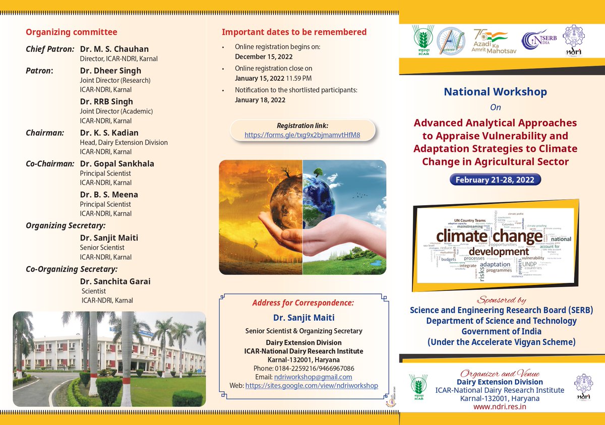 sanjitndri's tweet photo. @NDRI_Karnal organizing a National Workshop "Advanced Analytical Approaches to Appraise Vulnerability and Adaptation Strategies to Climate Change in Agricultural Sector" Feb 21-28, 2022 sponsored by @serbonline, @IndiaDST for Master &amp; PhD students. Visit https://t.co/B1hVqsTSwi https://t.co/ewB6y8nqBt