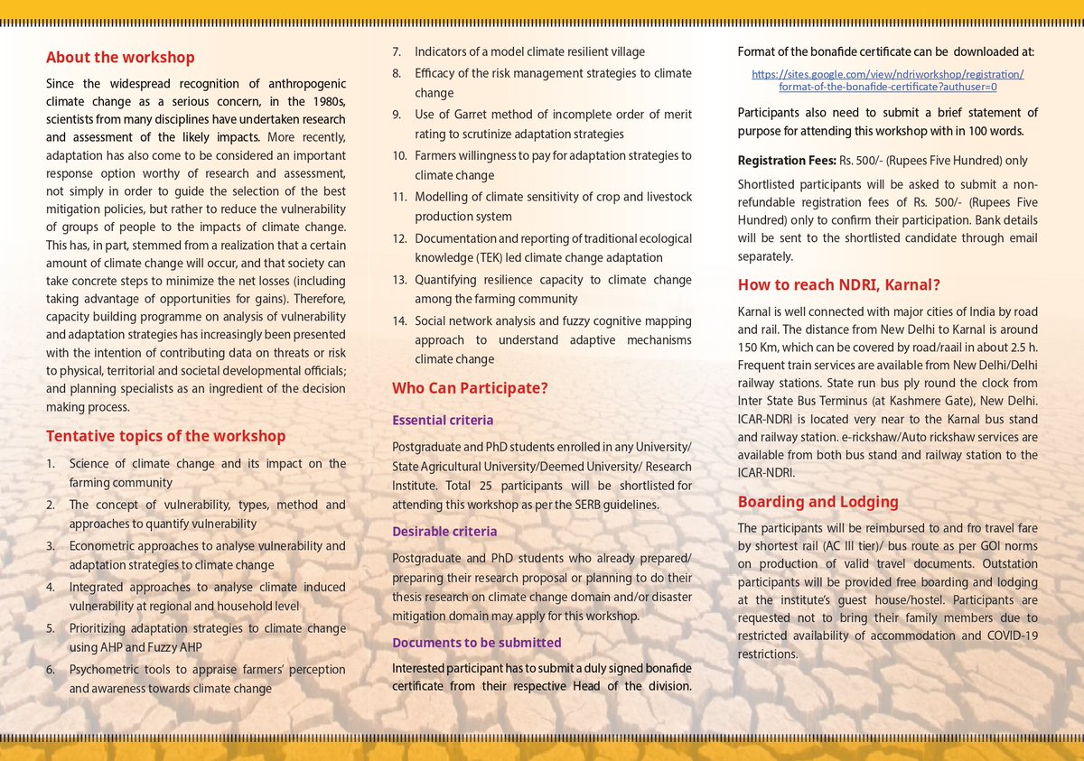 sanjitndri's tweet photo. @NDRI_Karnal organizing a National Workshop "Advanced Analytical Approaches to Appraise Vulnerability and Adaptation Strategies to Climate Change in Agricultural Sector" Feb 21-28, 2022 sponsored by @serbonline, @IndiaDST for Master &amp; PhD students. Visit https://t.co/B1hVqsTSwi https://t.co/ewB6y8nqBt