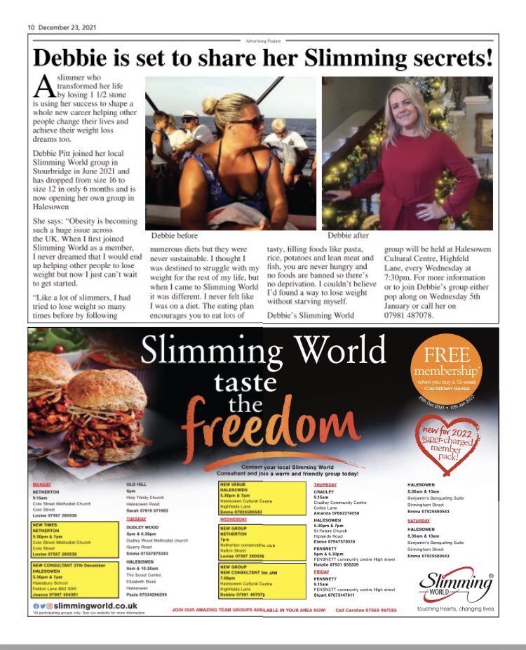 Thank you <a href="/halesowennews/">Halesowen News</a>  for featuring my new <a href="/SlimmingWorld/">Slimming World</a> consultant for #Halesowen Deb who opens a brand new group in January and feels more #confident since #losingweight #newyearnewyou #tastethefreedom #slimmingsuccess