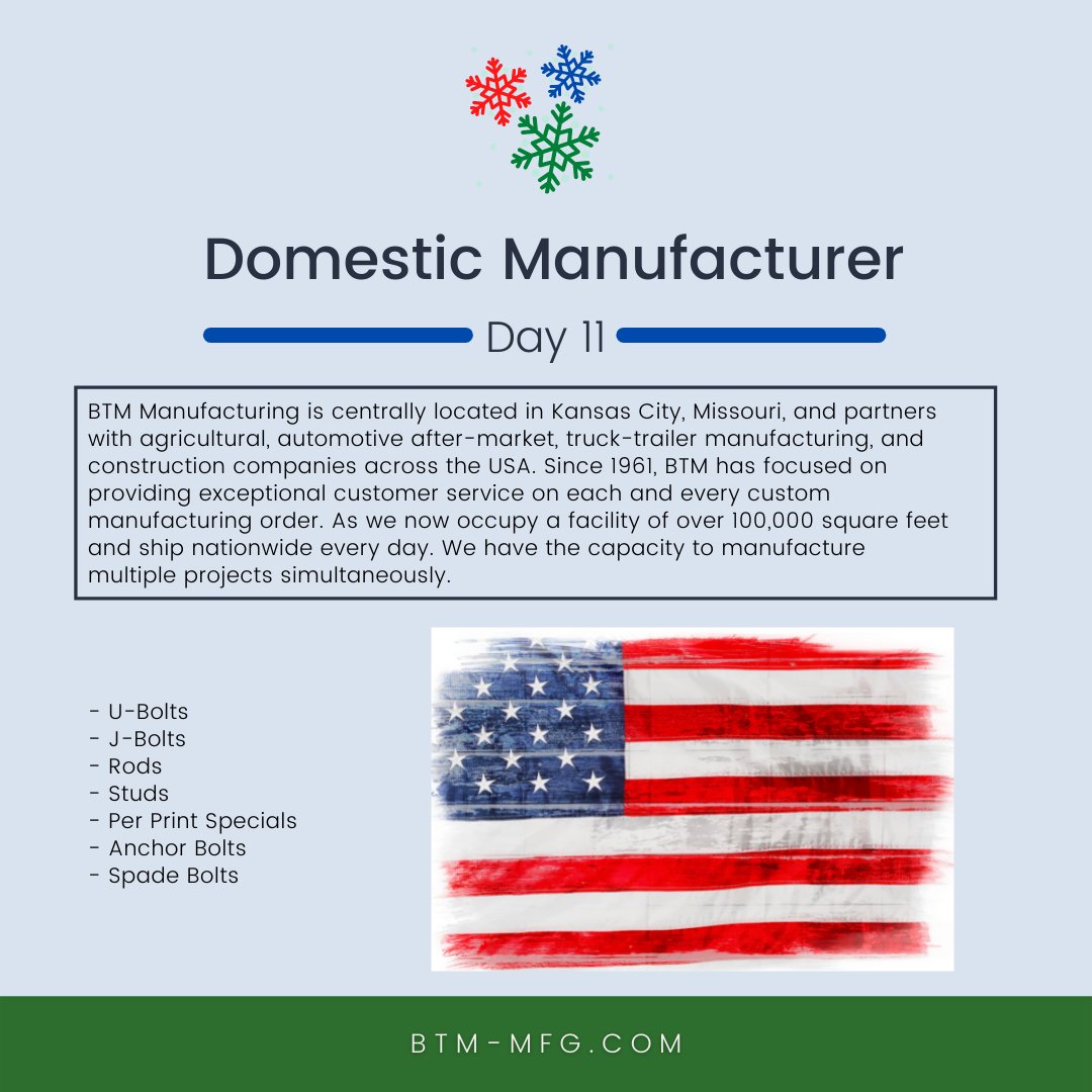BTMMfg's tweet photo. Day 11 of #12DaysofManufacturing
@BTMMfg is a proud #domesticmanufacturer. #MadeintheUSA #ManufacturedintheUSA #Ubolts #Jbolts #AnchorBolts #Rods #studs https://t.co/Cq4JpP0eZu