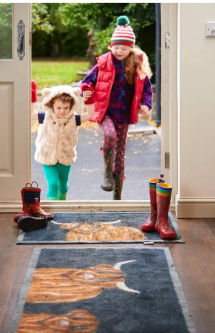 MallettsTruro's tweet photo. A new door mat to welcome those festive visitors. We have a few Christmas ones, but I like this one with highland cattle, it mooooves me. https://t.co/7ZGIx0oCTR
