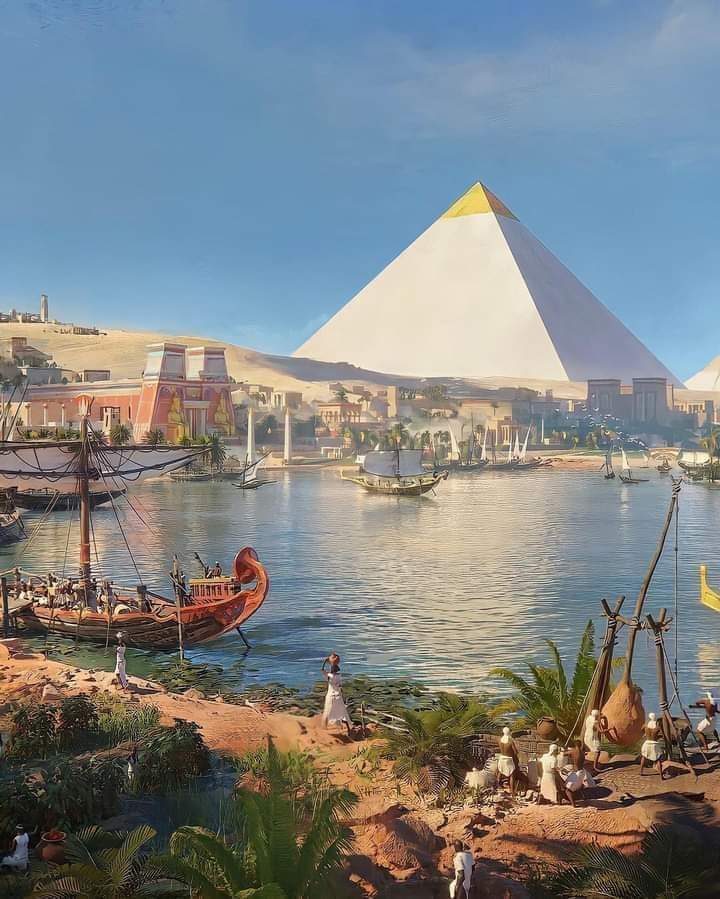 archeohistories's tweet photo. City of Giza 4600 years ago an image depicting life of Egyptians near pyramids of Egypt.

Temple structures, fishermen carrying their catch and goods transported by boat on bank of River Nile. In his art artist has done an amazing job capturing atmosphere of Egypt. https://t.co/dKSdJPCmyy