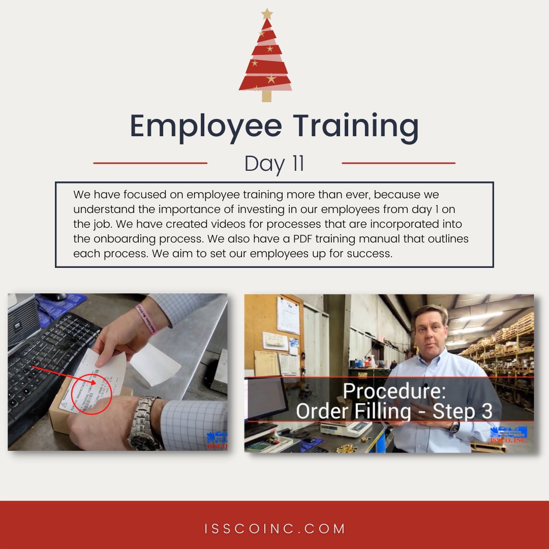 issco_inc's tweet photo. Day 11 of #12DaysofDistribution...
This year we really focused on employee training. We created videos for workflow processes that are incorporated into the onboarding process. Our biggest asset is our employees and we aim to set them up for success beginning on day 1. https://t.co/E5qOmeK7wd