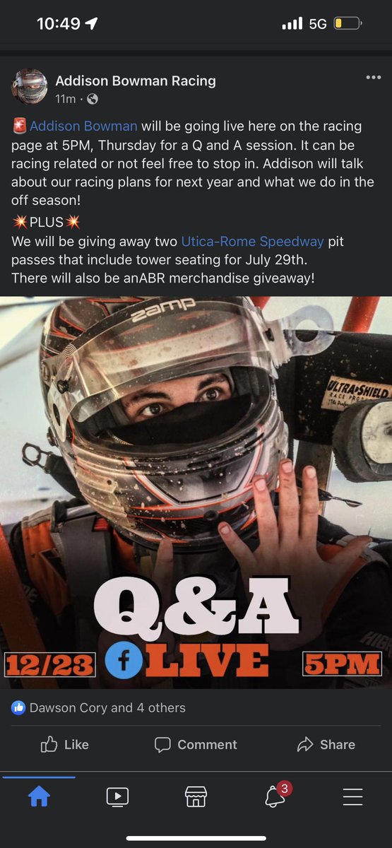 Addisonracing12's tweet photo. 5 tonight! Tune in, some give aways as well!! Happy holidays from everyone at ABR!! https://t.co/tdkvIeORC3