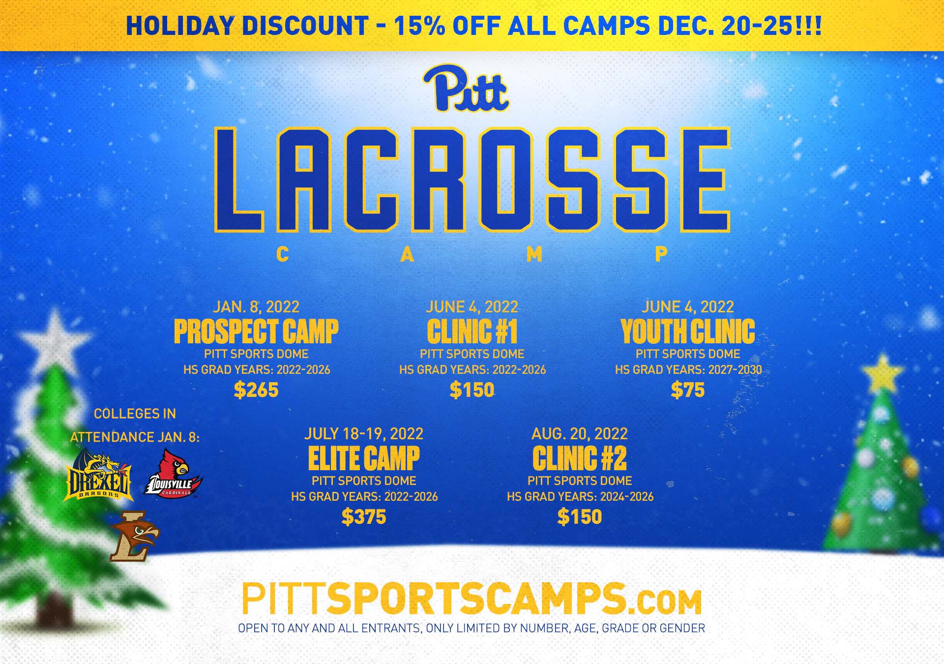 2022 Christmas Holiday Camps Pitt Lacrosse On Twitter: "Two More Days Of Our Holiday Camps Discount!  🎄💲 Get 15% Off Of Our Camps - Now Through Saturday! Register Now:  Https://T.co/Ywc8Oregr4 #Buildalegacy Https://T.co/Hgv4Erdaq5" / Twitter