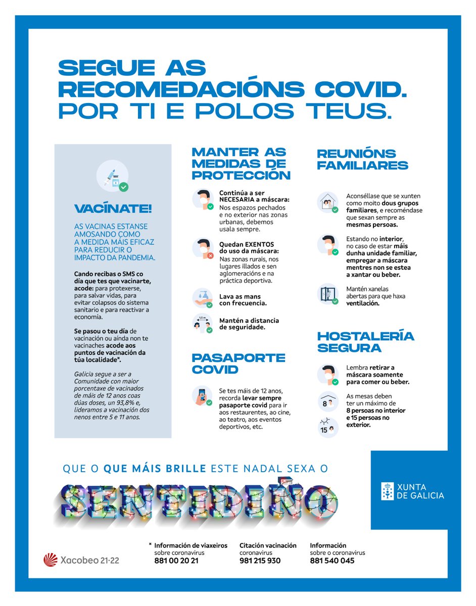 Xunta's tweet photo. 🔵 Por ti e polo teus, segue as recomendaciós covid

#sentidiño https://t.co/fz2YvGtv11
