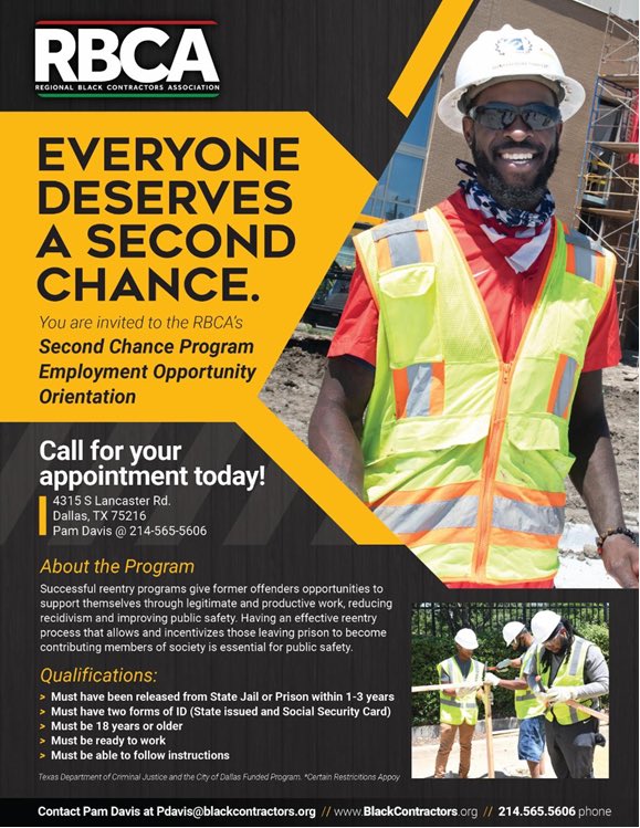 Public Announcement: Need a second chance? <a href="/RBCADFW/">Regional Black Contractors Association</a> is hosting a Second Chance Program Employment Opportunity Orientation.

Call 214-565-5605 to make your appointment today!

#TXLege #TxLBC #SecondChance