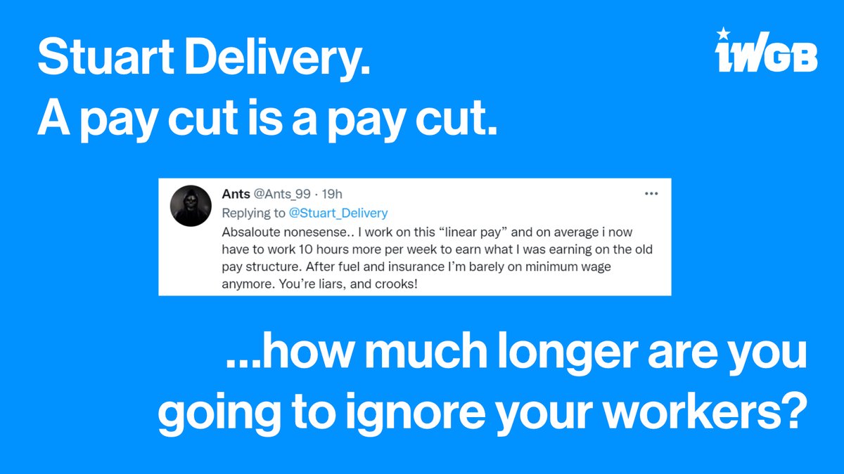 1. Yesterday, <a href="/Stuart_Delivery/">Stuart</a> tried to deny the fact it's cut the min. drop rate pay by 24.4%. 

Naturally, workers &amp; the public weighed in to remind them why we're running the longest gig-economy strike in UK history. 

For a pay rise, not a pay cut.