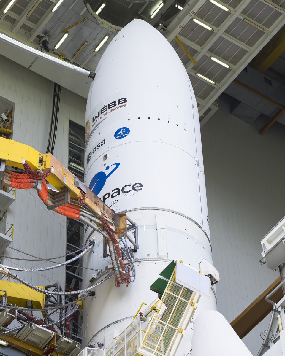 Webb (atop its Ariane 5 rocket) is rolled out to the launch pad. 