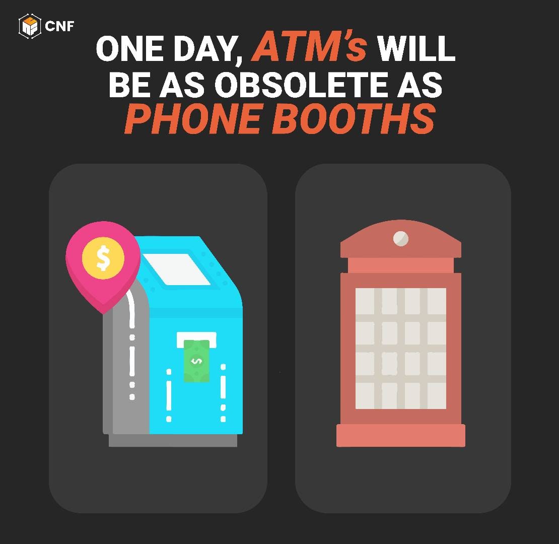 Cryptoneurnetw1's tweet photo. Have ever seen a phone booth? After a decade from now, people will be asking the same question for ATMs, its high time you made a wiser investment.
#cnf #cnfarmy #cnftoken #cnfcommando #cnfmillionaireclub #entrepreneur #crypto #cryptoneur #cnf #digitalmoney #cryptotrading https://t.co/mxpiafqjd6