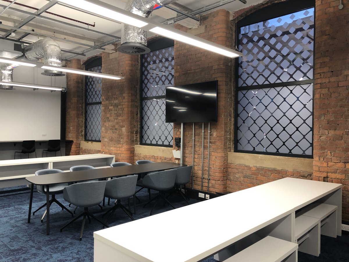 We absolutely love this pattern which offers subtle privacy both day and night with a uniquely modern frosted window design. Perfect for this industrial building. 
#windowfilm #privacyfilm #frostedwindowfilm